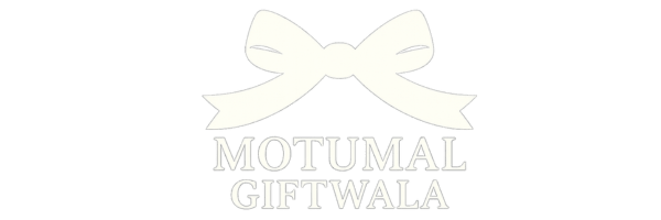 Motumal Giftwala white ribbon logo – for dark backgrounds – online gift store India