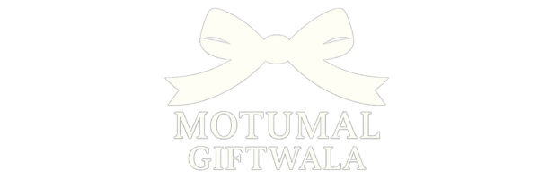 Motumal Giftwala white ribbon logo – for dark backgrounds – online gift store India