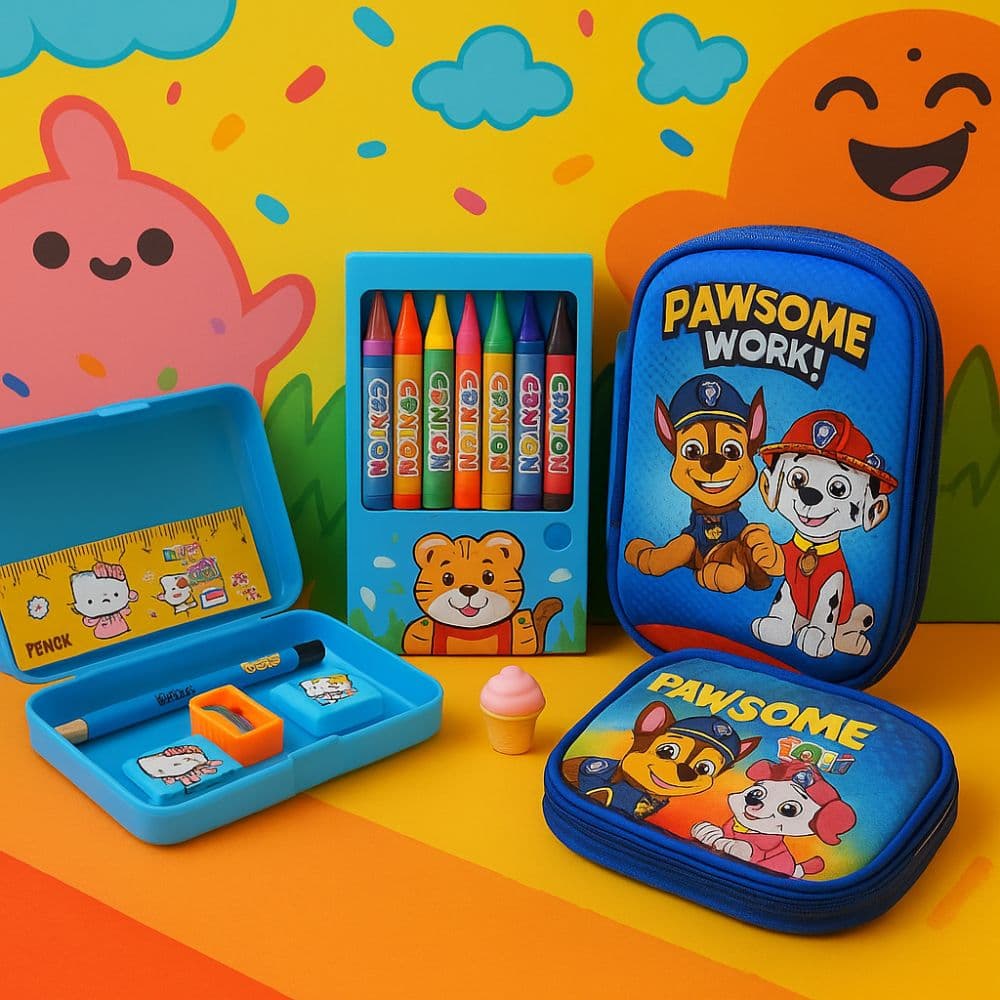 Cartoon pencil box, color kit, pouch and eraser – school stationery for kids by Motumal Giftwala Ranchi