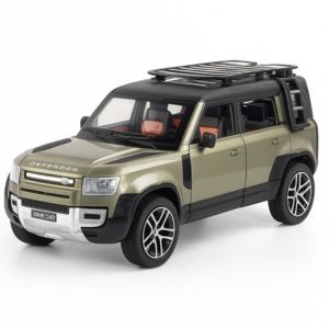 Metallic green Land Rover Defender scale model toy car with black roof rack and realistic detailing – premium collectible vehicle from Motumal Giftwala Ranchi