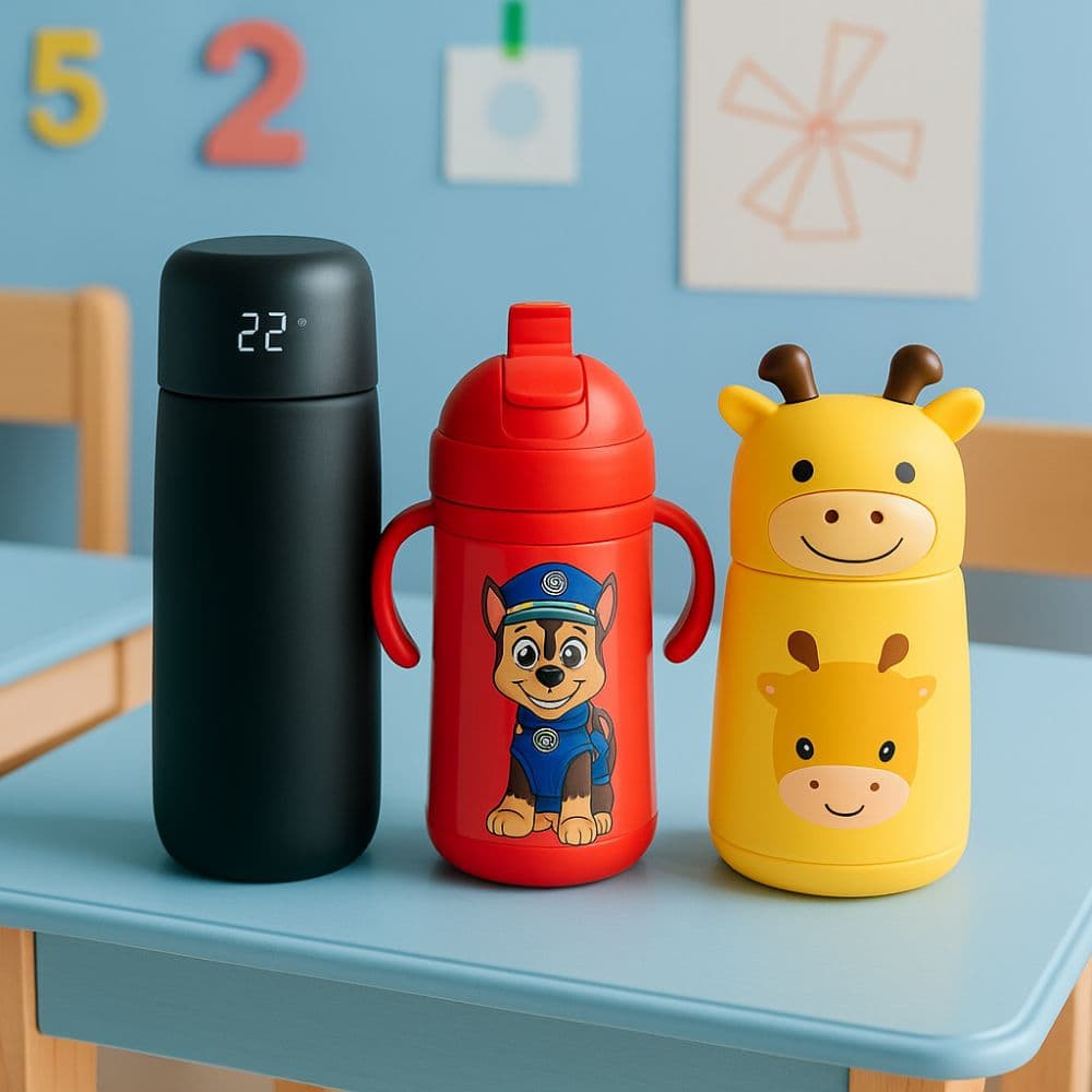 LED bottle, cartoon sipper and animal water bottle on a school desk – kids and gift bottles by Motumal Giftwala Ranchi