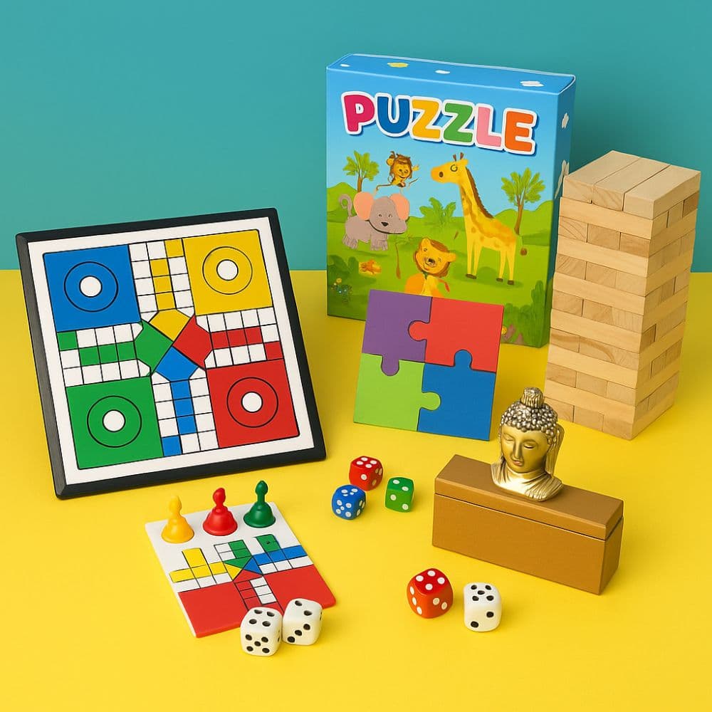 Ludo, puzzle, Jenga and indoor dice game sets – fun indoor games from Motumal Giftwala Ranchi