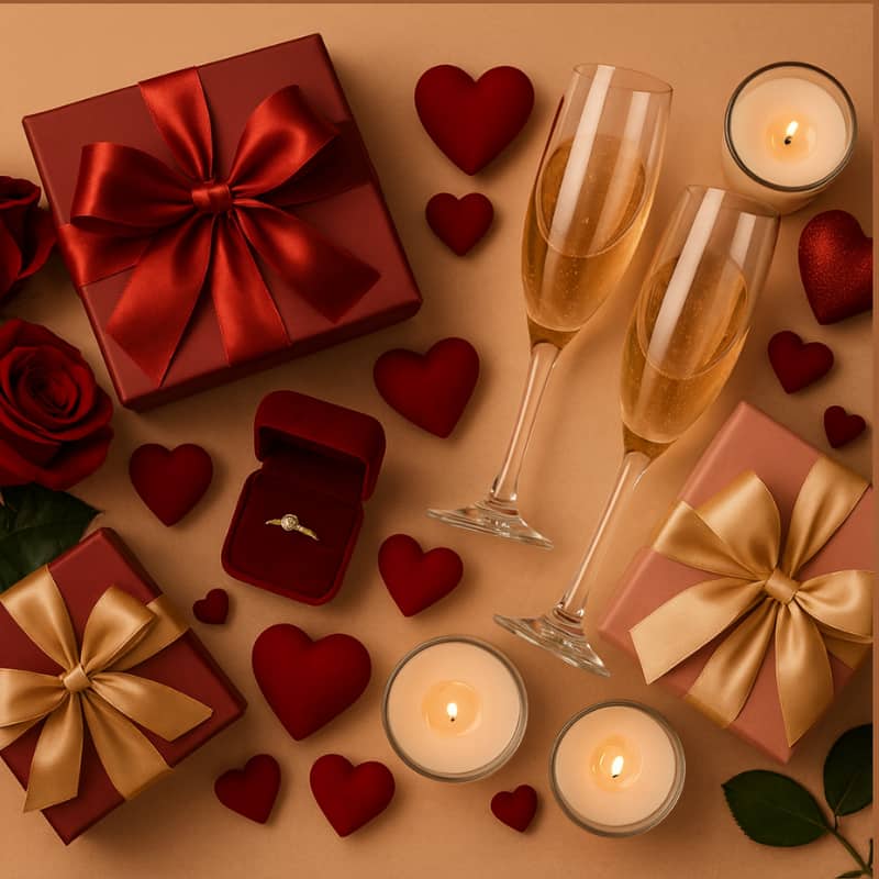 Romantic valentine gift setup with red roses, golden ribbon gift boxes, candles, champagne glasses, hearts, and engagement ring – luxury gifting by Motumal Giftwala.