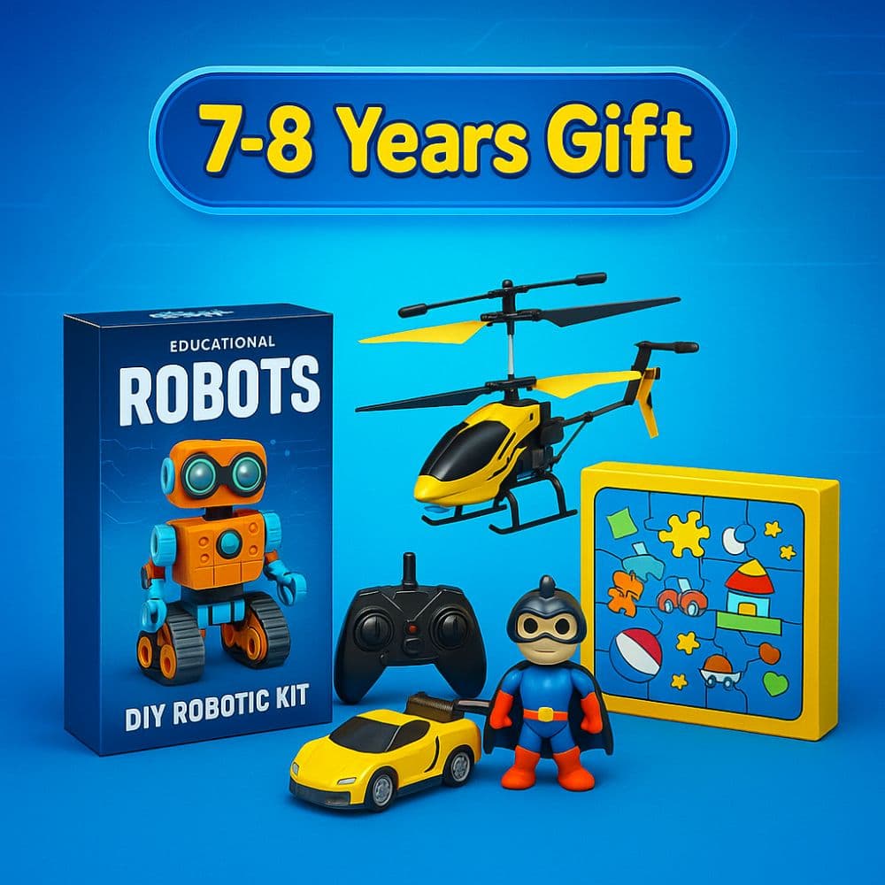 DIY robot kit, remote control helicopter, and puzzle board for 7–8 year old boys – birthday gifts from Motumal Giftwala Ranchi