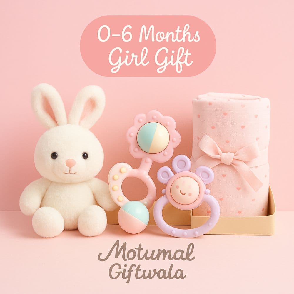 Soft toy bunny, rattle set, and pink baby gift pack for 0–6 months girls – birthday gifts by Motumal Giftwala Ranchi