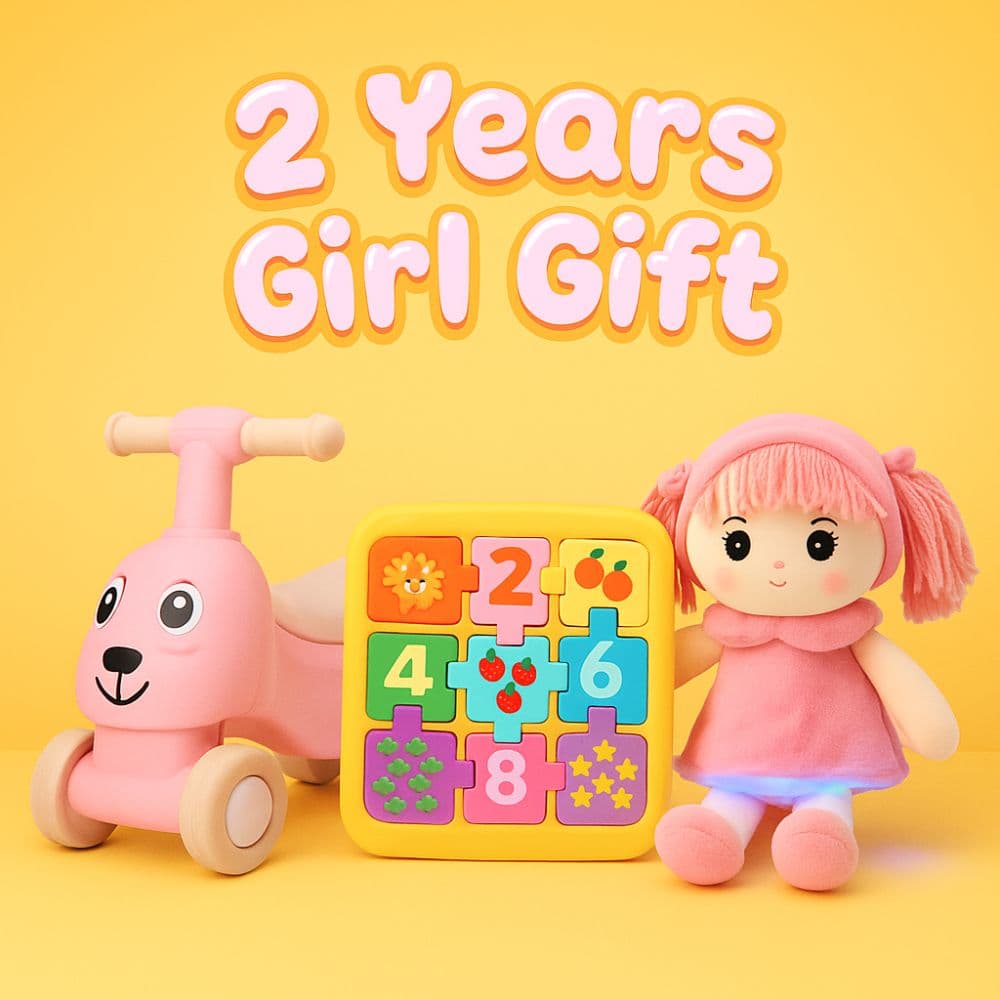 Ride-on toy, learning puzzle board, and light-up doll for 2-year-old girls – budget birthday gifts from Motumal Giftwala Ranchi