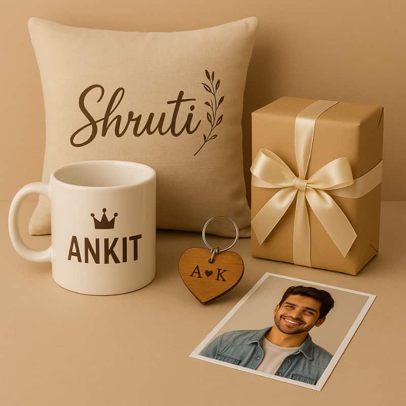 Customized gifts set with personalized name cushion, printed mug, engraved wooden keychain, photo print, and gift box – unique personalized gifting by Motumal Giftwala. 