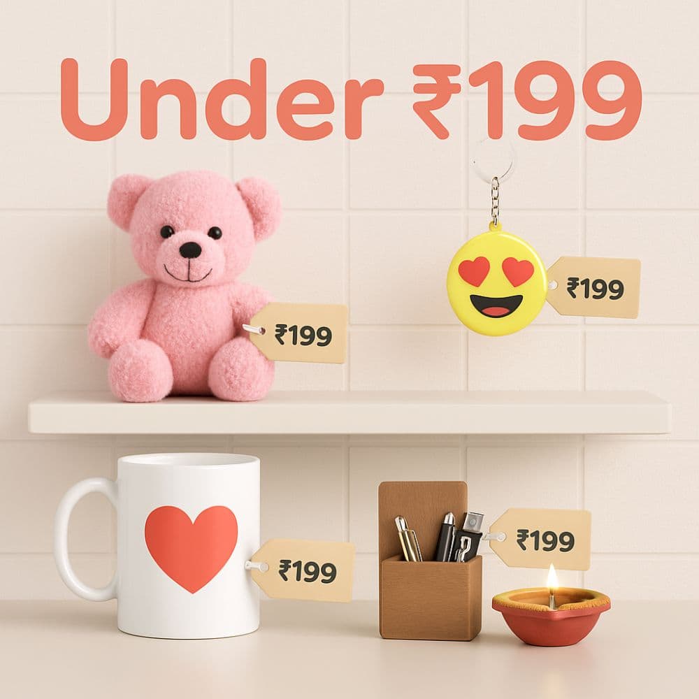 Toy, mug, keychain and diya arranged with ₹199 tag – affordable gifts under ₹199 from Motumal Giftwala Ranchi