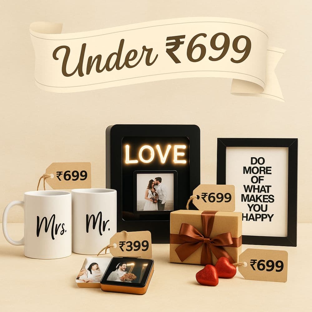 Couple mugs, LED frame and gift box combo displayed with ₹699 tag – value gifts under ₹699 from Motumal Giftwala Ranchi