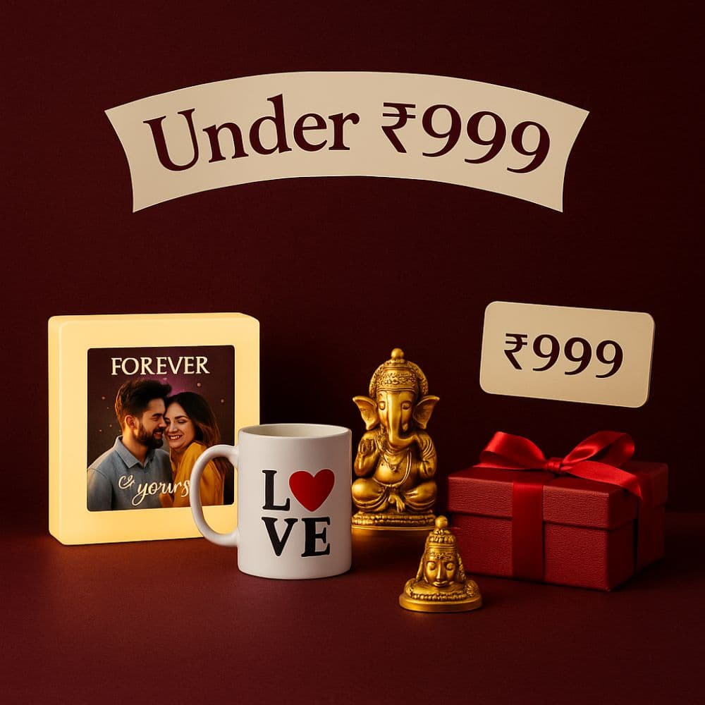 LED frame, idol, mug and gift box displayed with ₹999 tag – elegant gift combos under ₹999 by Motumal Giftwala Ranchi
