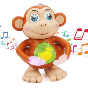 High-resolution square image of a smiling musical monkey toy with glowing hands, duck sticker on belly, and colorful musical notes in background – available at Motumal Giftwala Ranchi