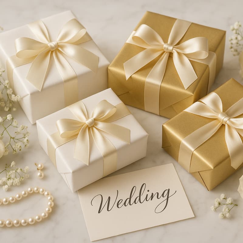 Elegant wedding gift boxes in golden and white wrapping with satin bows, pearls, and flowers – perfect for luxury wedding gifting by Motumal Giftwala.