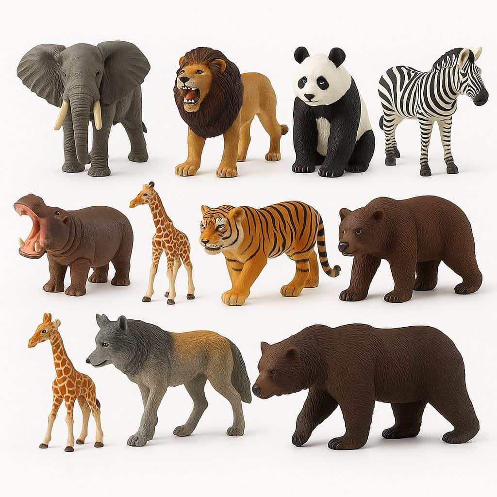 High-resolution image of ten realistic plastic animal toys including elephant, lion, panda, zebra, hippo, giraffes, tiger, wolf, and bears arranged on a white background – ideal for kids’ wildlife toy collection at Motumal Giftwala, Ranchi
