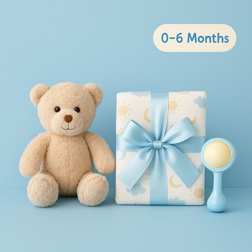 Soft toy, rattle, and baby gift set for 0-6 month old boys – perfect newborn birthday gift from Motumal Giftwala Ranchi