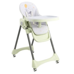Adjustable pastel green baby high chair with feeding tray and cushioned seat