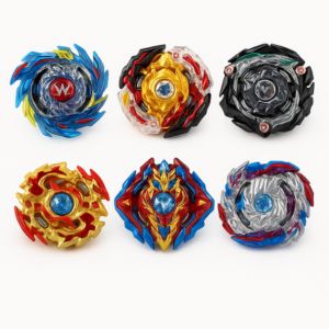 High-definition square image of six colorful Beyblade spinning tops arranged in two rows on a white background, showcasing vibrant designs, metallic finishes, and battle-ready features – perfect for kids' toy collection at Motumal Giftwala, Ranchi