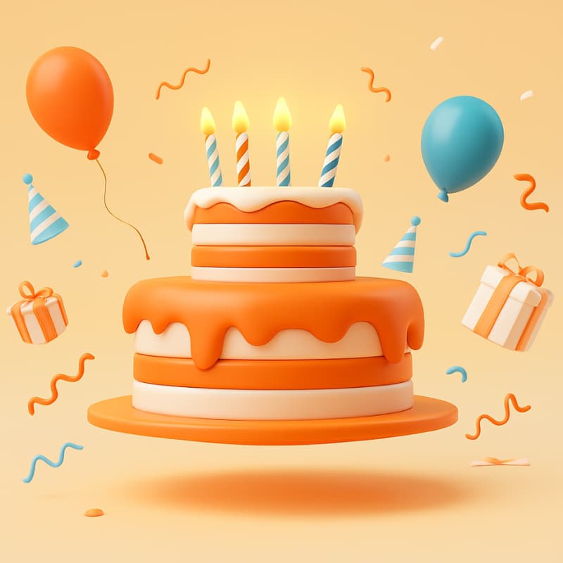 3D square illustration of an orange and white two-tier birthday cake with candles, balloons, gifts, party hats, and confetti on an orange festive background