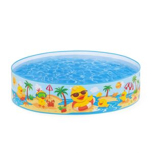 Round inflatable kids pool with cartoon beach print and blue water