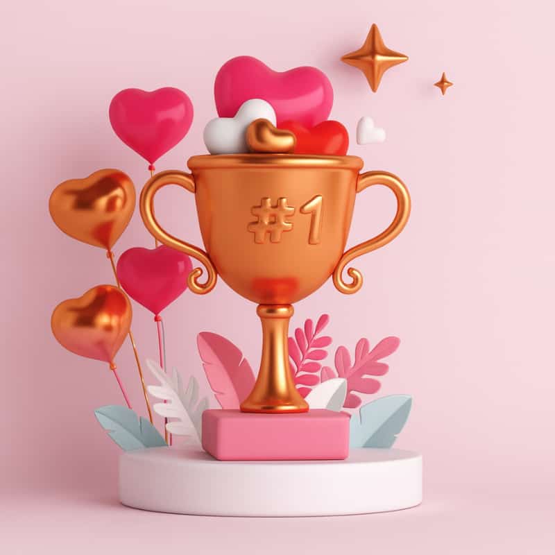 3D square illustration of a golden trophy with #1 engraving, surrounded by pink and gold heart balloons, floating hearts, and decorative leaves – celebration design by Motumal Giftwala.