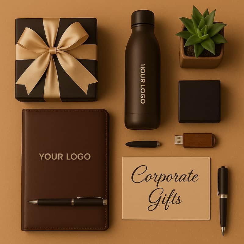Premium corporate gift set with customized notebook, pen, water bottle, USB drive, plant, and luxury gift box – professional gifting by Motumal Giftwala. 