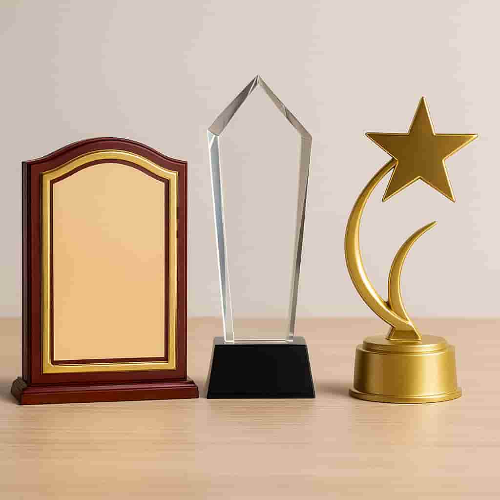 Corporate mementos and trophies including a golden cup, wooden shield plaque, and crystal award on wooden bases with plain background"