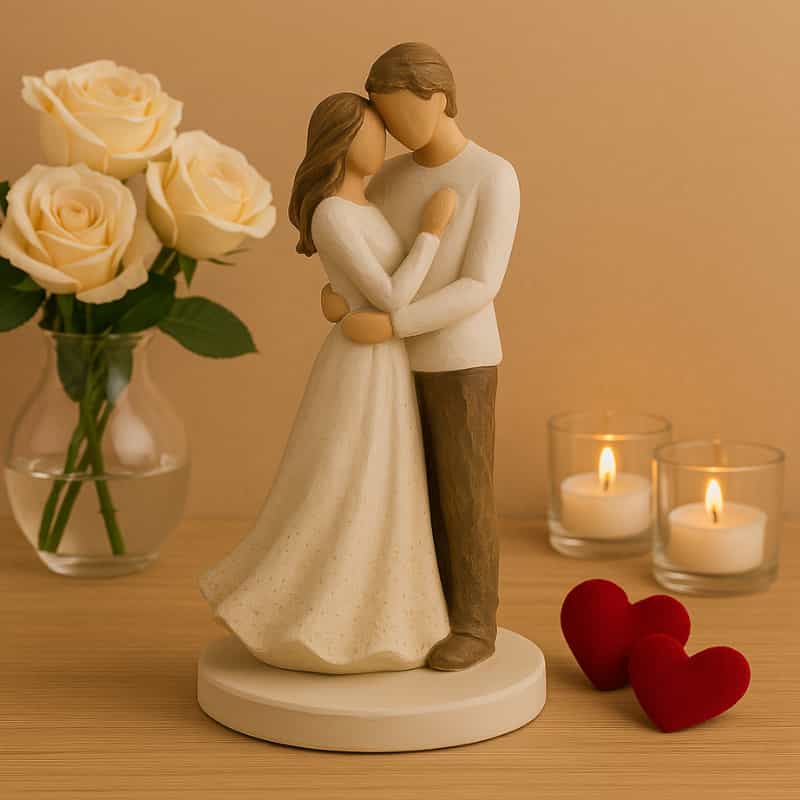 Romantic couple showpiece figurine with embracing design, roses, candles, and heart accents – perfect gift and home decor by Motumal Giftwala.