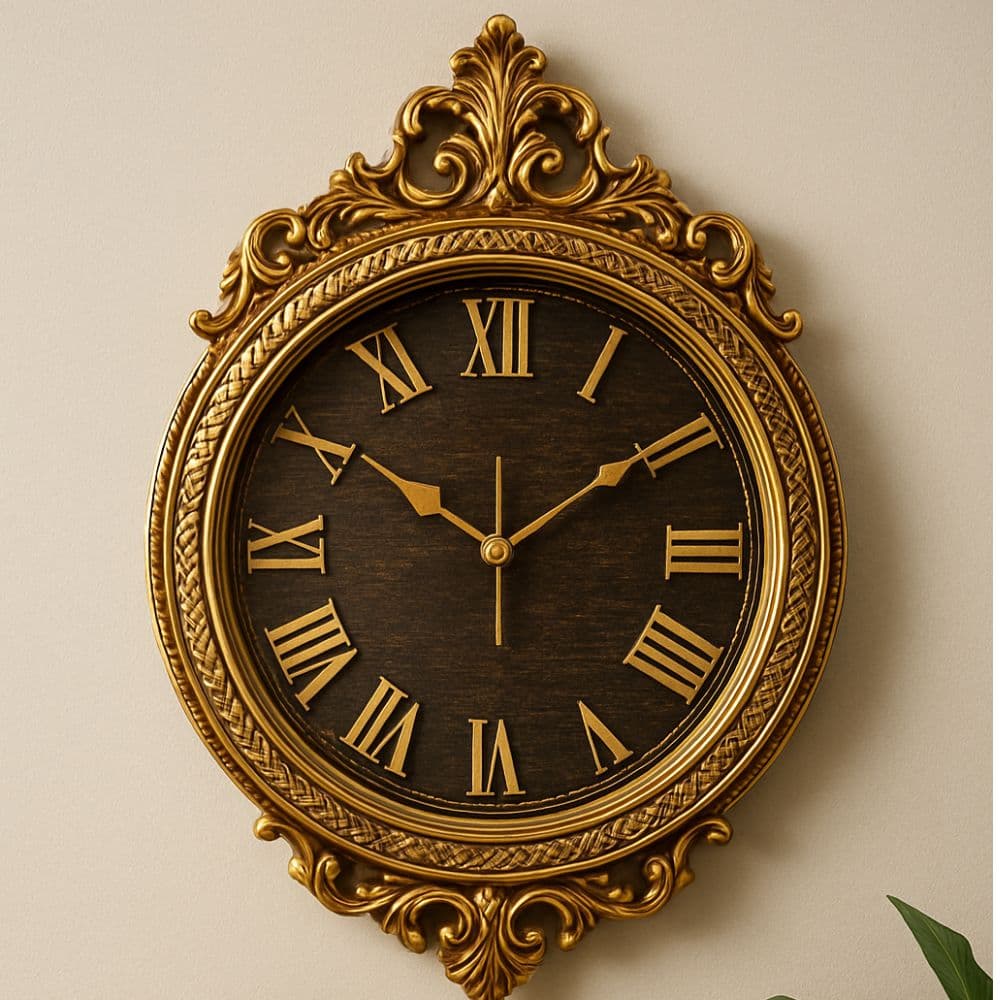Elegant designer wall clock with golden frame and Roman numerals for home decor – available in Ranchi by Motumal Giftwala
