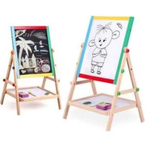 Double-sided easel board with chalkboard and whiteboard for kids