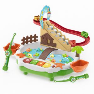High-resolution square image of an electric fishing game toy set with colorful fish, magnetic rods, slide ramp, and musical buttons – fun water play toy from Motumal Giftwala Ranchi