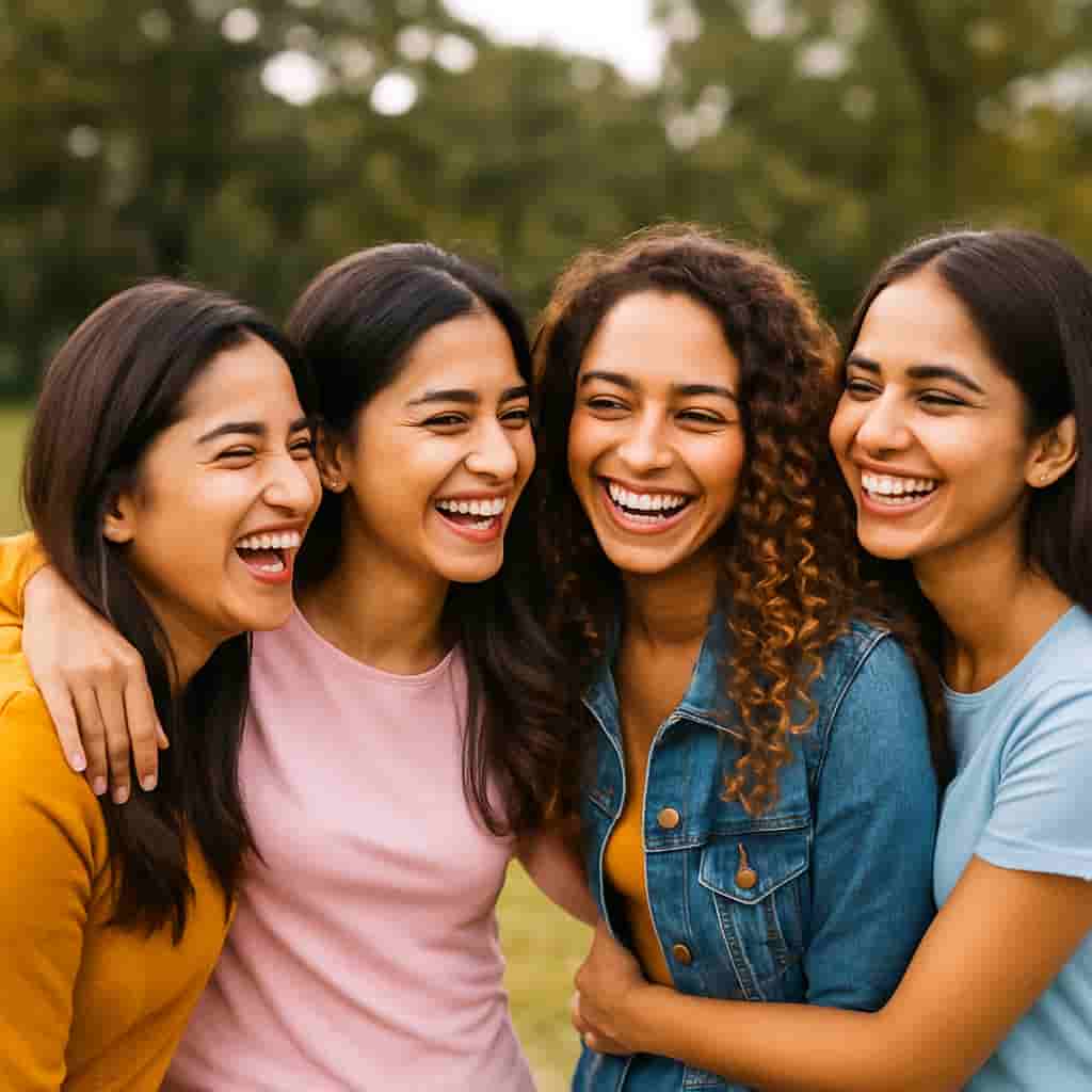 “Four friends celebrating Friendship Day with joy and laughter – exclusive Friendship Day gifts collection from Motumal Giftwala Ranchi.”