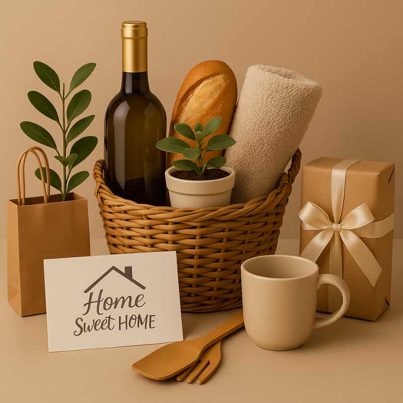 Housewarming gift hamper with wine bottle, bread, potted plant, towel, ceramic mug, wooden utensils, and wrapped present with Home Sweet Home card – Motumal Giftwala. 