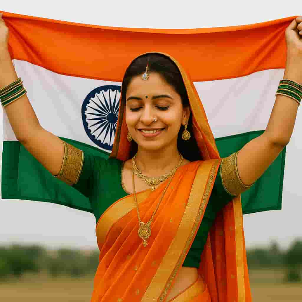 “Independence Day themed image featuring an Indian woman in traditional attire holding the national flag – symbolizing pride and patriotism | Motumal Giftwala”