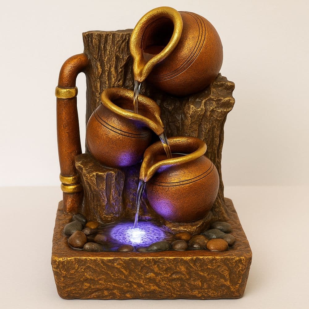 Indoor decorative water fountain with flowing pots and LED light – perfect for home decor and gifting in Ranchi by Motumal Giftwala