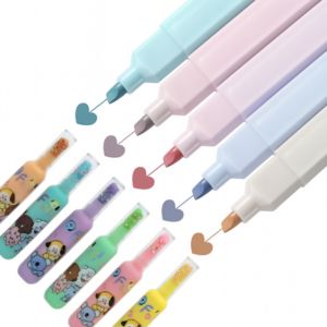 Kawaii pastel highlighter pen set with heart stamp ink trail and cartoon caps