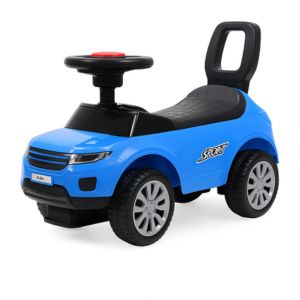 Blue kids ride-on push car with steering wheel and backrest