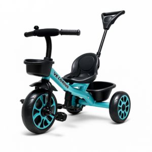Teal blue kids tricycle with parent push handle and rear storage basket