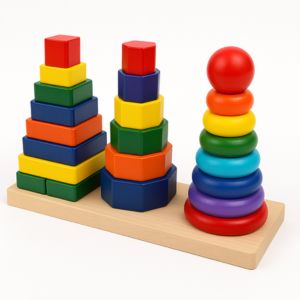 Montessori 3-in-1 Wooden Stacking and Sorting Toy with Circle, Square, and Hexagon Towers – Motumal Giftwala