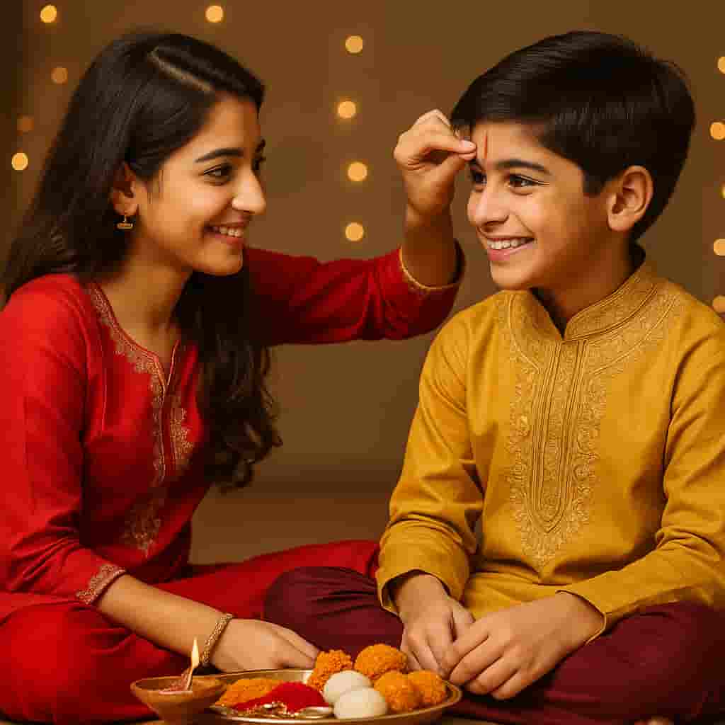 “Motumal Giftwala Bhai Dooj gift collection featuring a loving brother and sister celebrating the festival with traditional gifts and affection.”