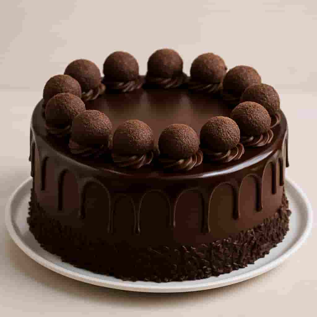“Motumal Giftwala chocolate truffle cake — rich, glossy chocolate ganache cake topped with truffles, perfect for birthdays, anniversaries, and celebrations in Ranchi.”