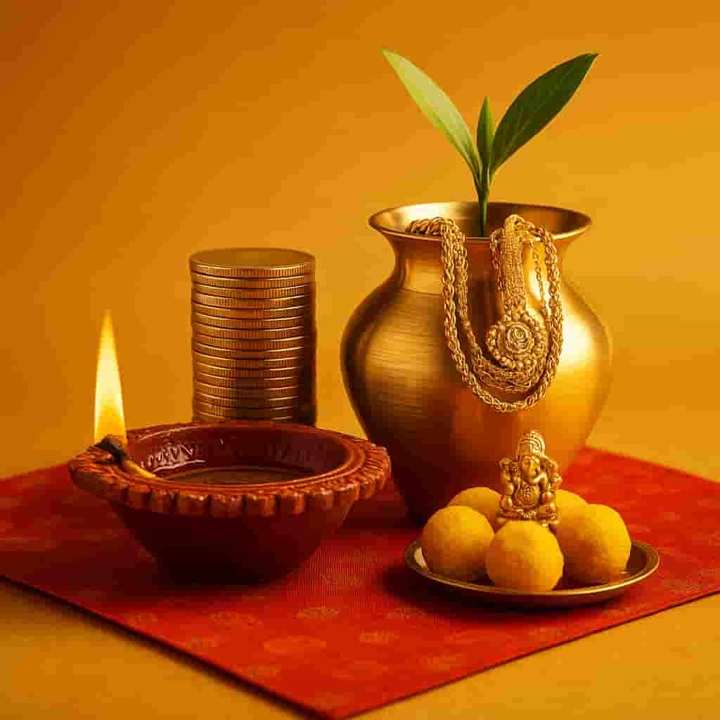 “Motumal Giftwala Dhanteras gift collection featuring golden coins, traditional diyas, and festive decorations symbolizing prosperity and good fortune.”
