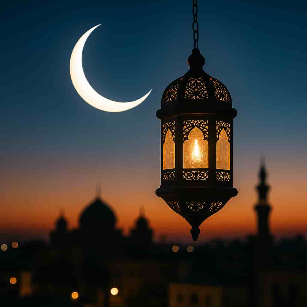 "A peaceful Eid-ul-Fitr gift collection image by Motumal Giftwala featuring a crescent moon and glowing lantern symbolizing celebration, blessings, and joy."
