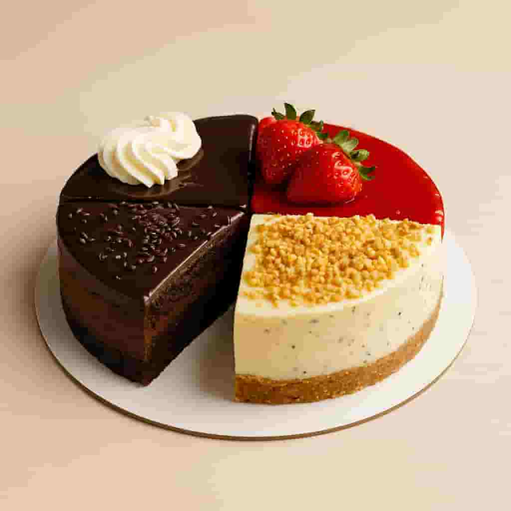 “Motumal Giftwala fusion cakes — a premium mix of chocolate, strawberry, and nutty cheesecake flavors, beautifully presented and perfect for birthdays, anniversaries, and celebrations in Ranchi.”