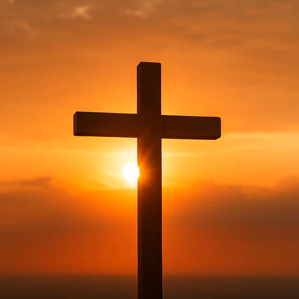 "A serene Good Friday gift collection image by Motumal Giftwala featuring a glowing cross under soft evening light, symbolizing peace and faith."