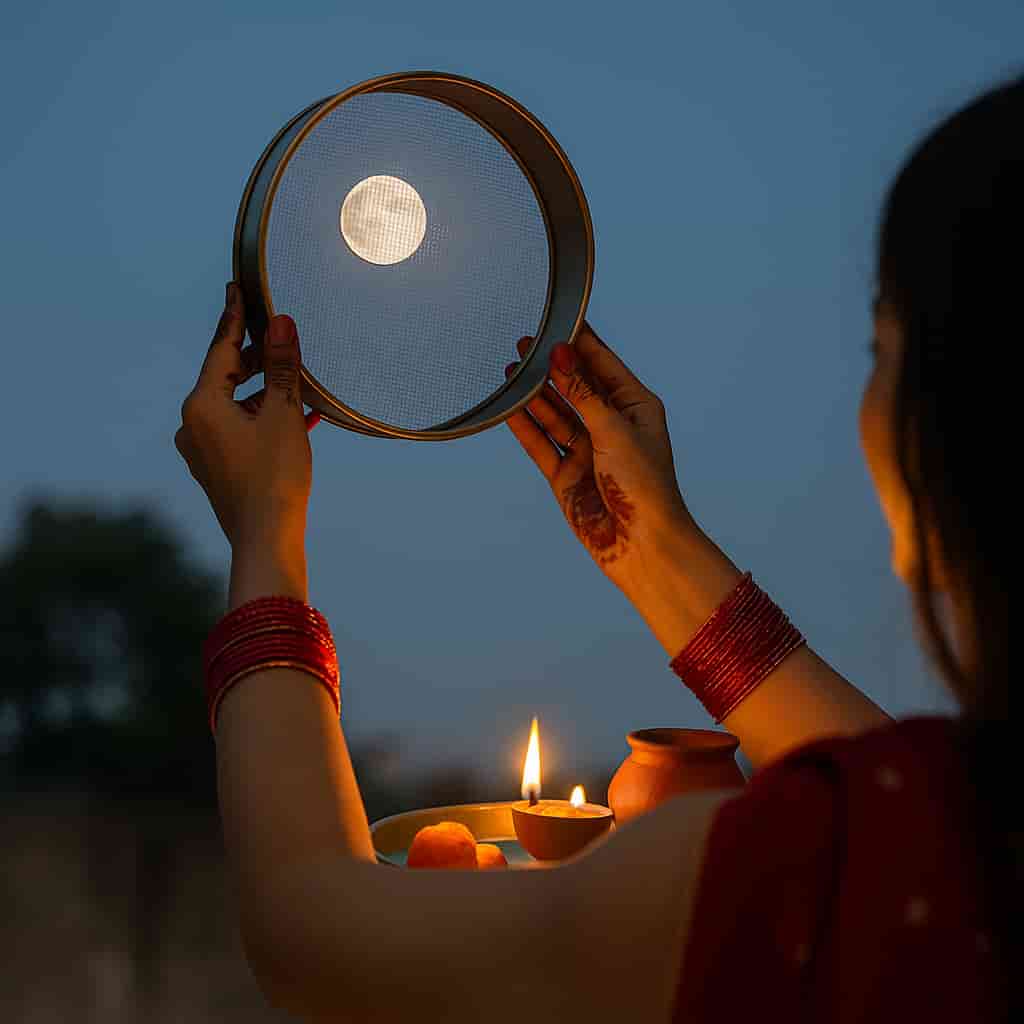 “Motumal Giftwala Karwa Chauth gift collection featuring a traditional Indian couple performing moon-sighting ritual with diya and sieve, symbolizing love, devotion, and togetherness.”