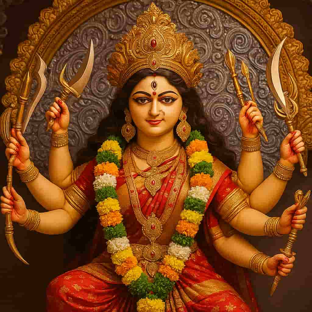 "Motumal Giftwala Navratri gift collection featuring a divine statue of Goddess Durga adorned with traditional ornaments and festive lights, perfect for Navratri celebrations in Ranchi."