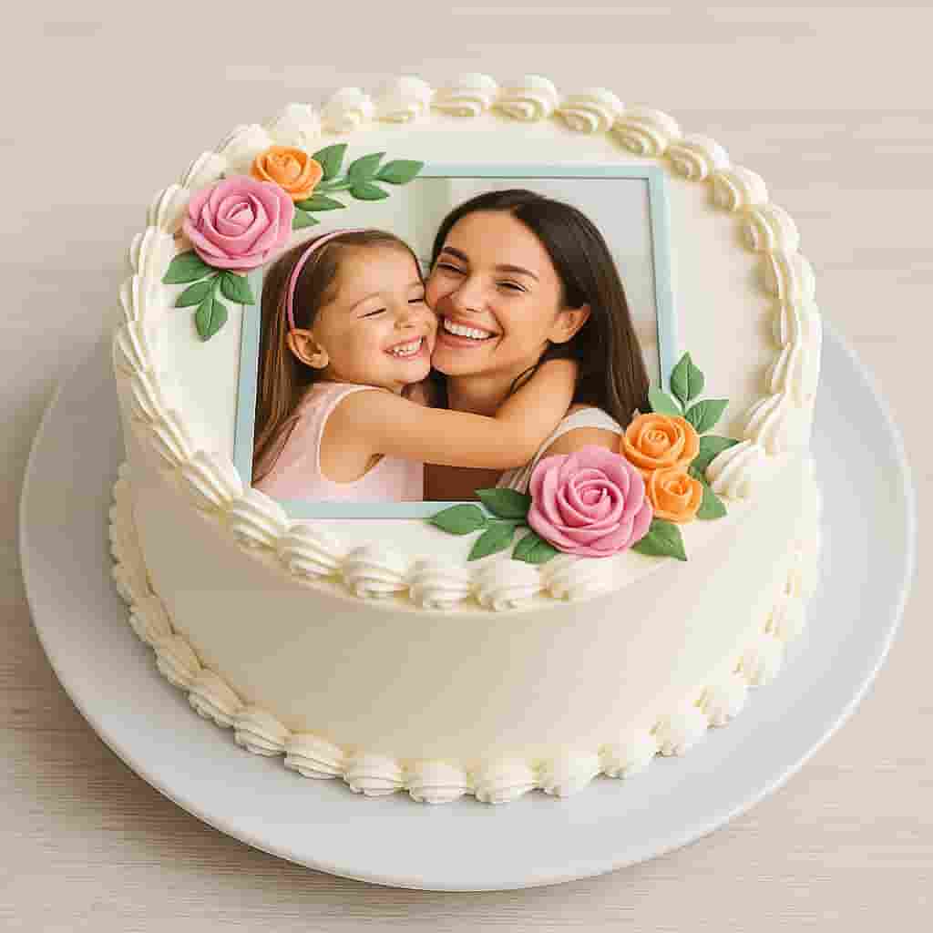“Motumal Giftwala custom photo cake — round vanilla cake with edible image print and floral decoration, perfect for birthdays, anniversaries, and family celebrations in Ranchi.”