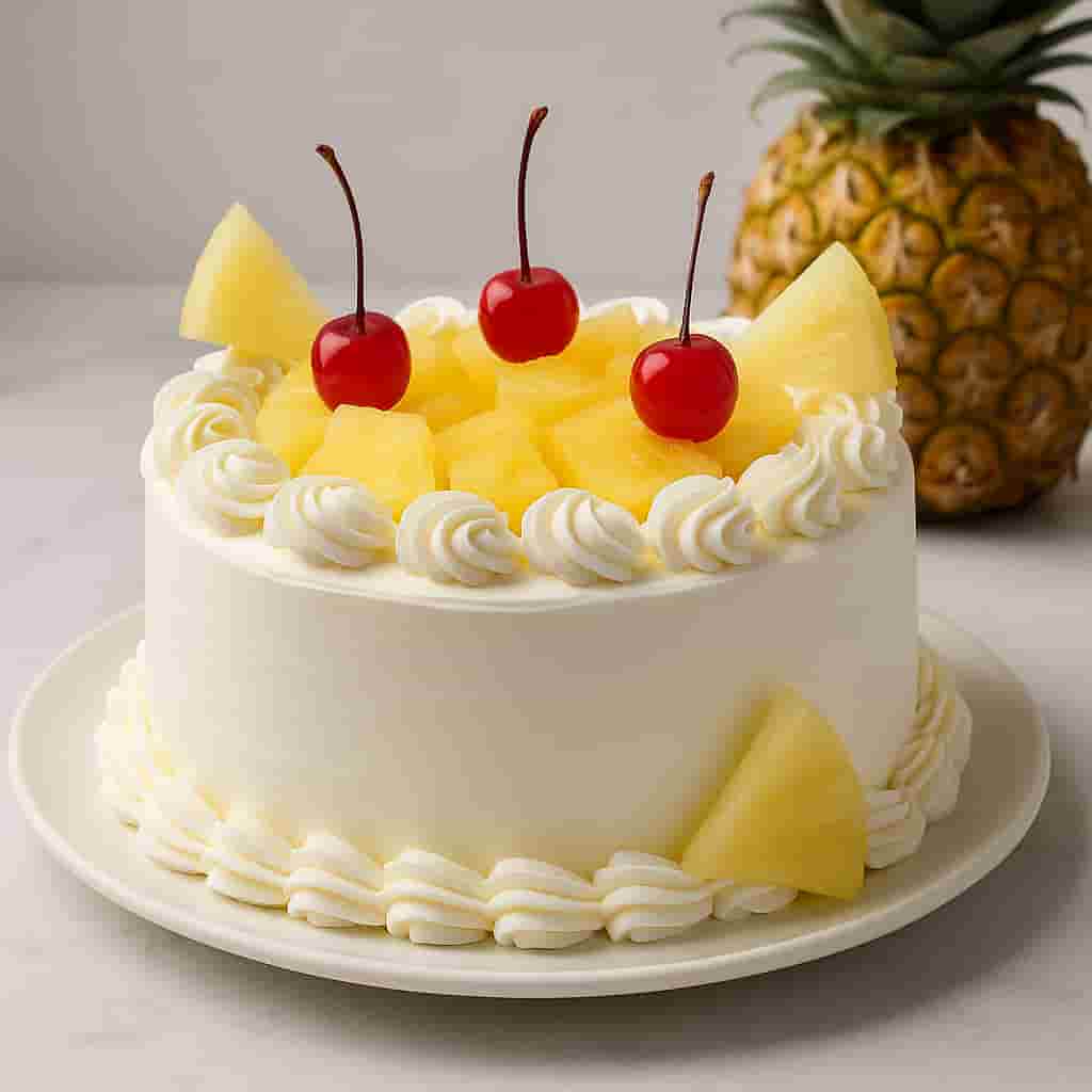 “Motumal Giftwala pineapple cake — soft vanilla sponge layered with whipped cream and juicy pineapple chunks, ideal for birthdays, anniversaries, and celebrations in Ranchi with same-day delivery.”