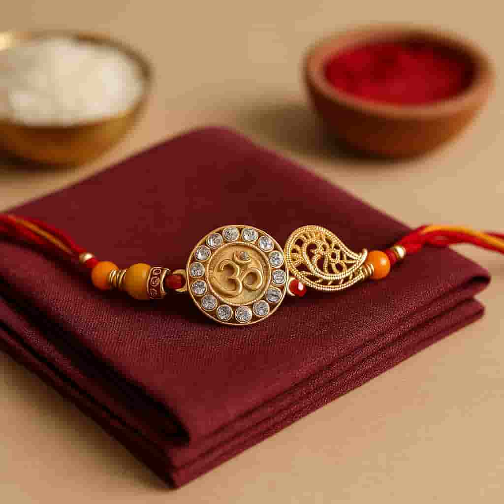 "A traditional Raksha Bandhan gift collection image by Motumal Giftwala showing a beautifully designed rakhi with decorative thali and festive elements symbolizing sibling love and celebration."