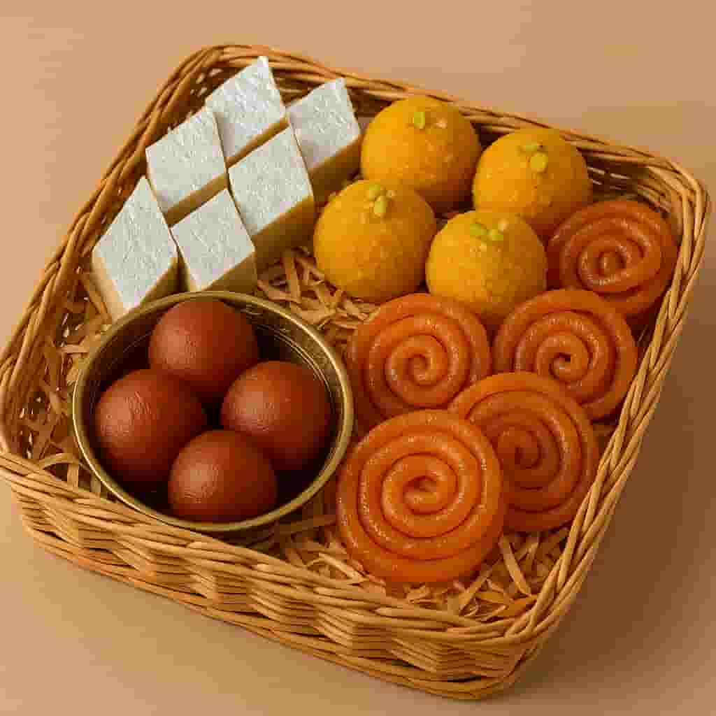 Motumal Giftwala premium sweets hamper with assorted Indian mithai like laddoo, kaju katli, and barfi — perfect for festive gifting and same-day delivery in Ranchi.