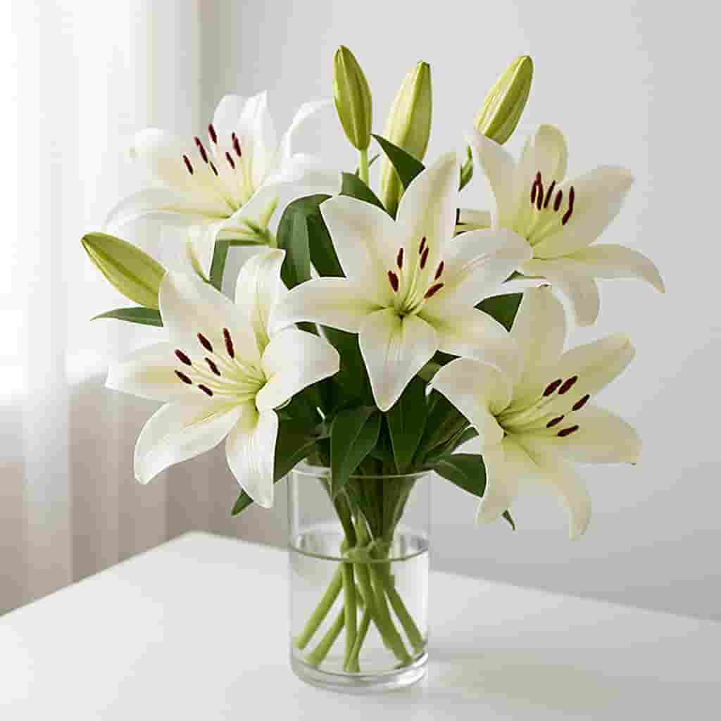 Motumal Giftwala fresh white lilies bouquet — elegant and fragrant flowers perfect for anniversaries, sympathy, and celebrations in Ranchi with same-day delivery.